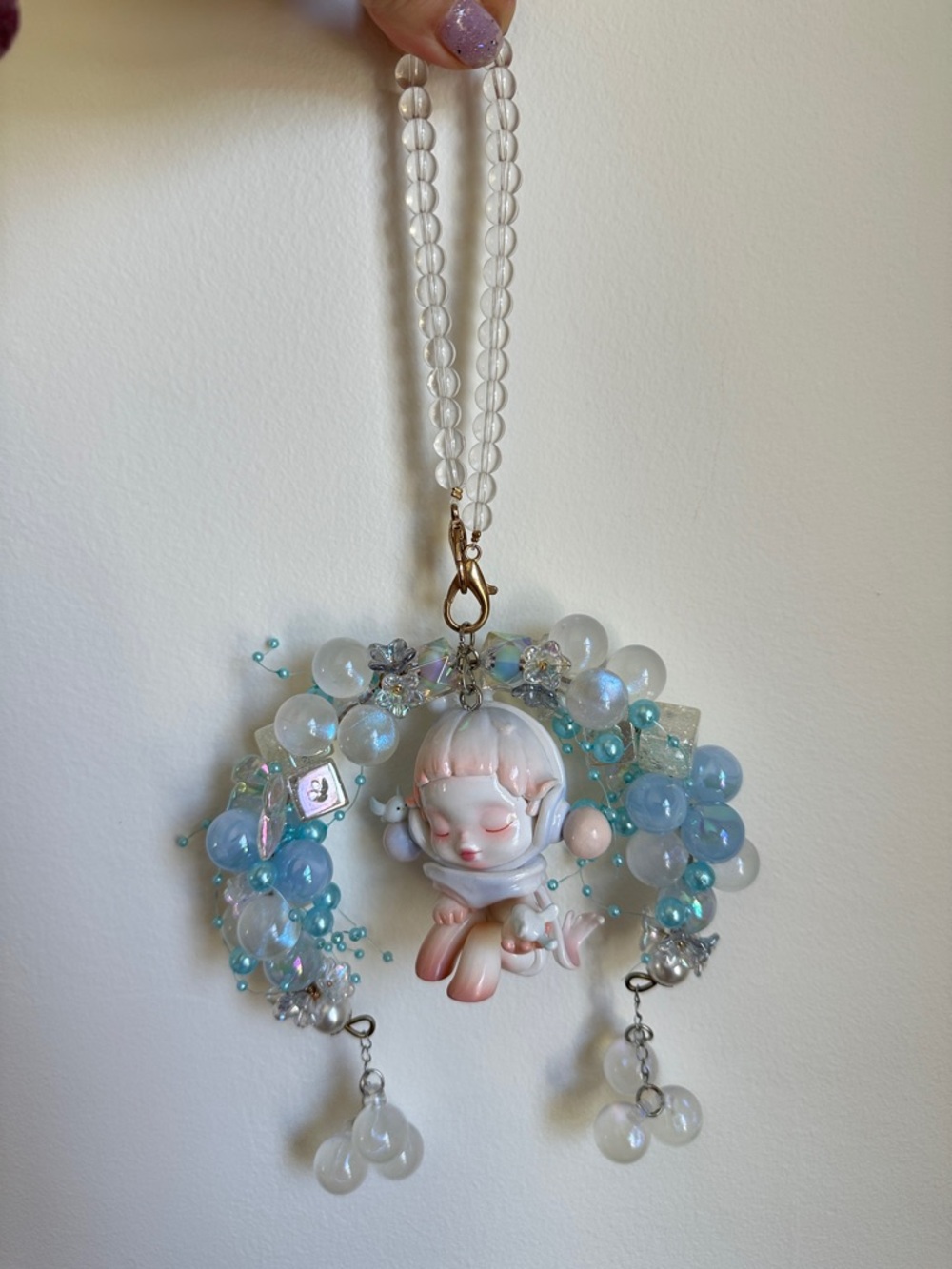 Skullpanda car pendant for rearview mirror blue crystal handmade cute